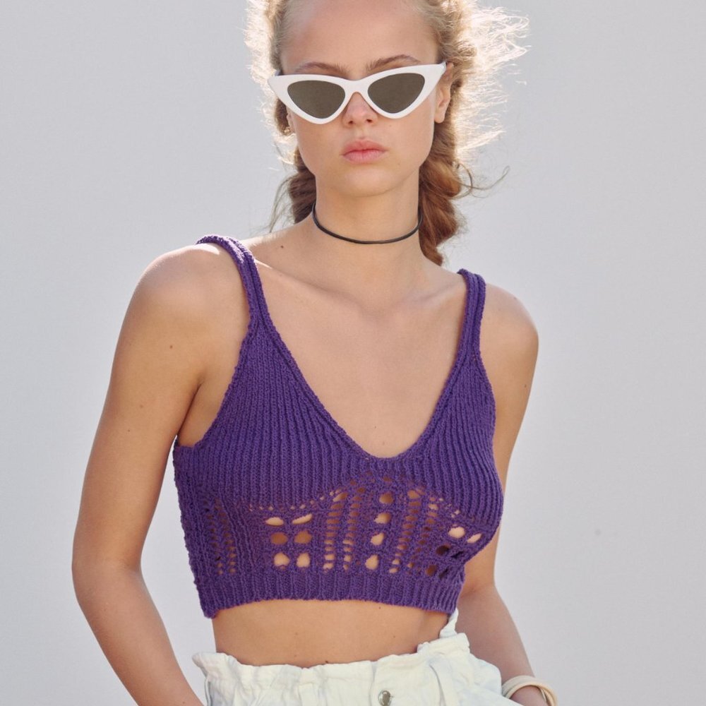 Zara Cotton Purple Crochet Sweater Knit Crop Tank Top Womens Size Small - Picture 2 of 7